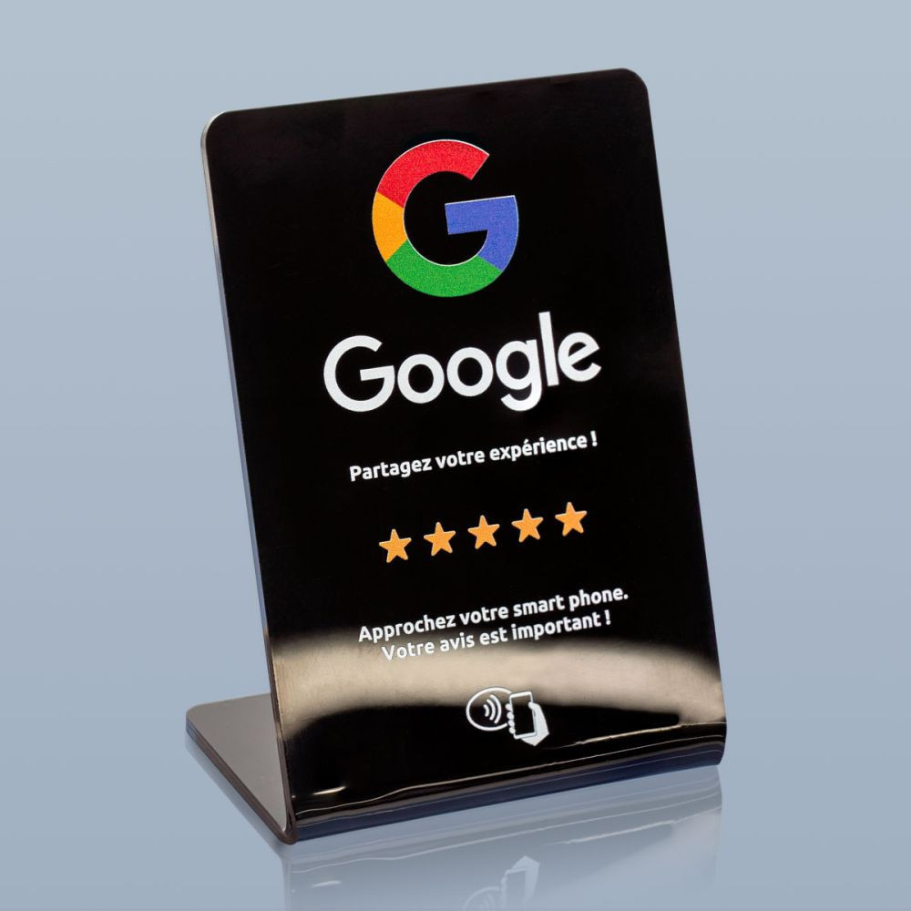 Black tabletop NFC review stand with Google logo, five stars and French tap-to-review prompts