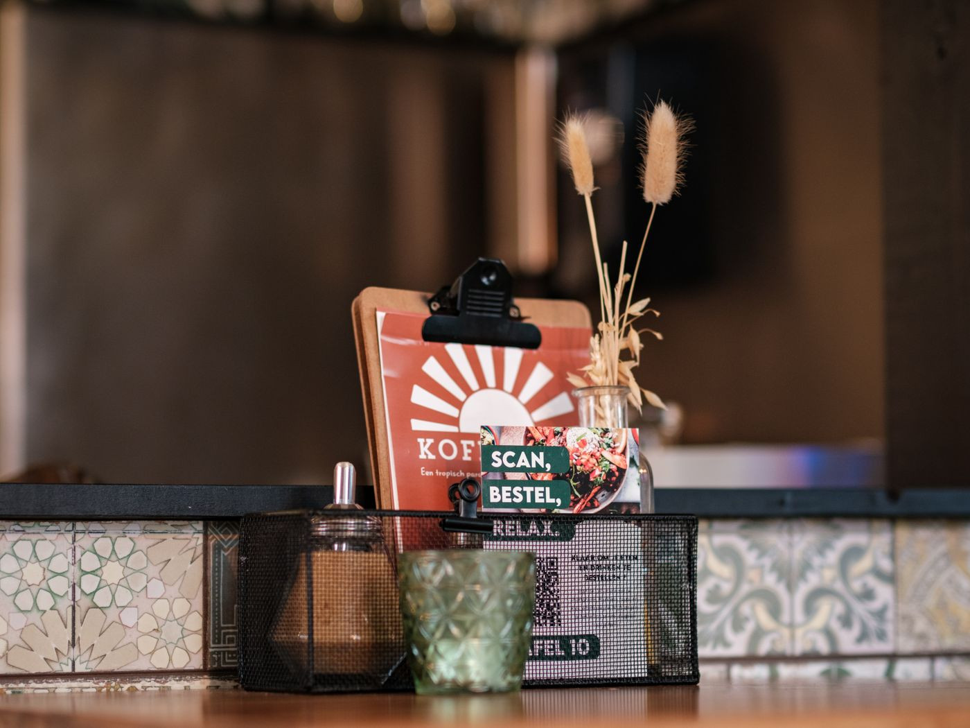 Scannable QR review card on a café table — Google Business Profile direct-to-review setup