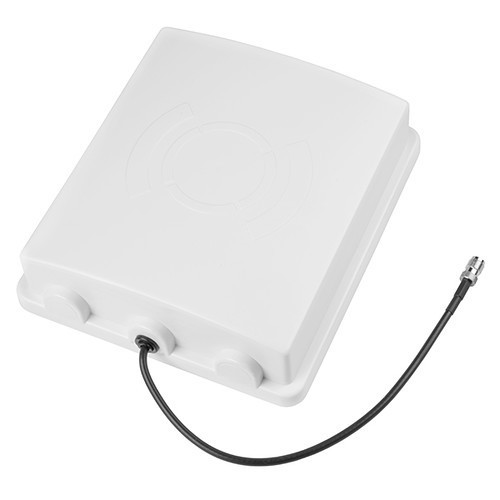 White flat-panel UHF RFID reader antenna with attached black coaxial cable