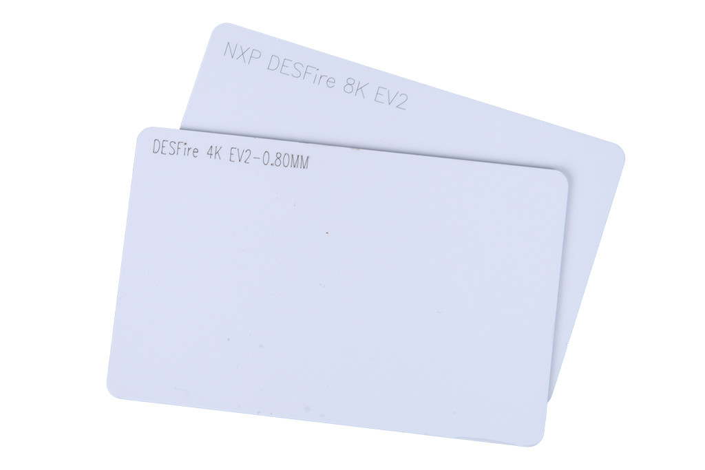 Two white smart cards printed NXP DESFire 8K EV2 and DESFire 4K EV2